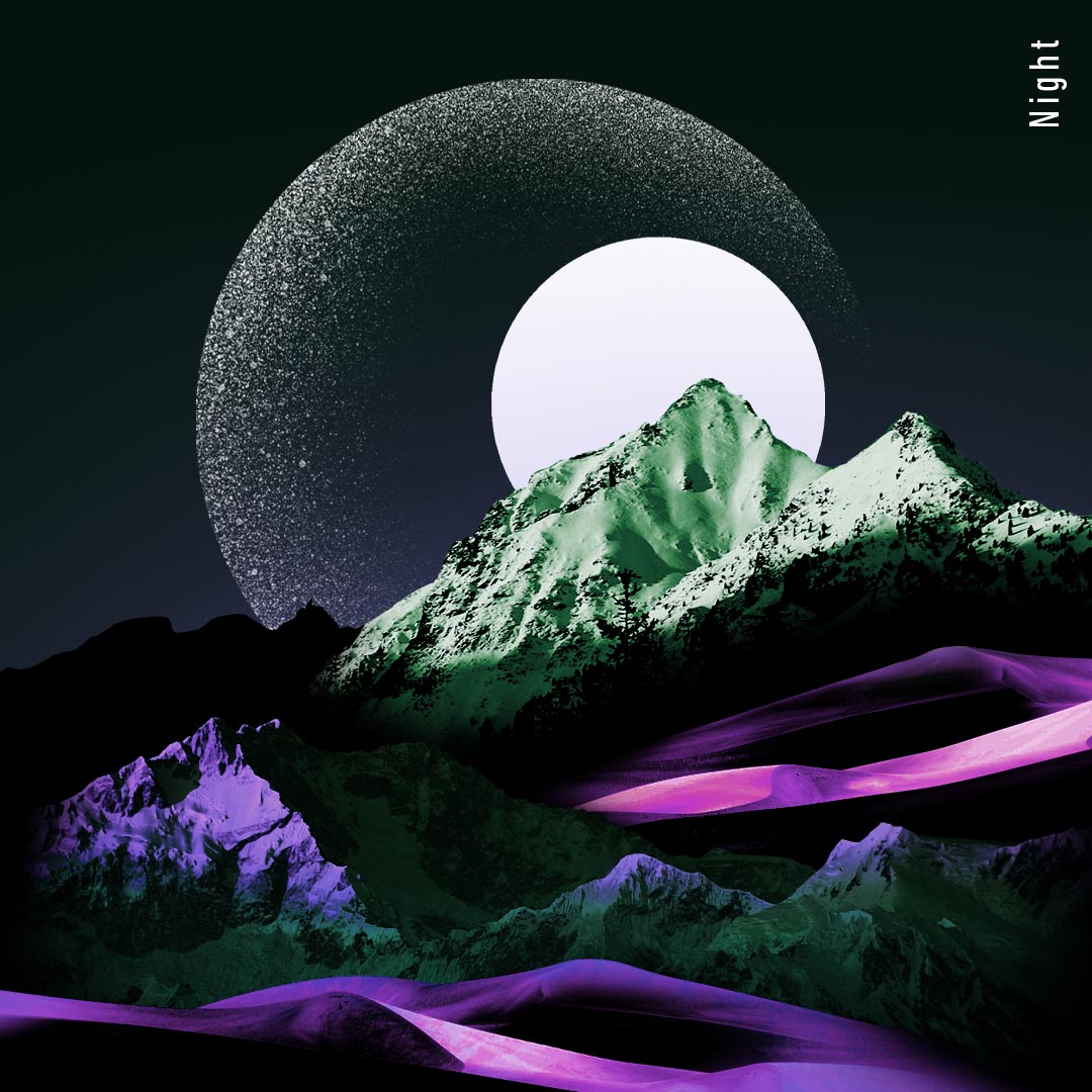 Night sky, white moon and mountains